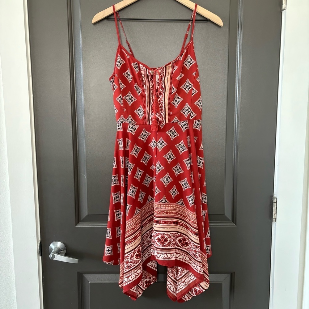 Band of Gypsies Handkerchief Scarf Print Asymmetrical Midi Red Boho Sun Dress - Picture 2 of 8